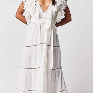Free People Ivory Ruffle Maxi Dress JENS Pirate. V Neck